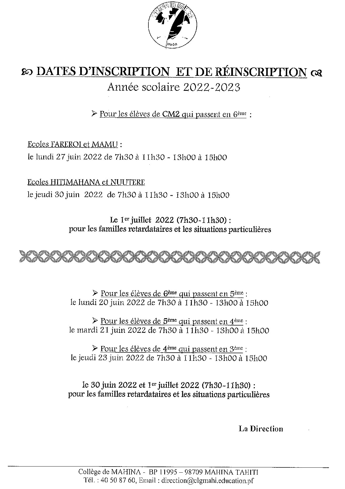 Dates d’inscription ou de réinscription 2022-2023