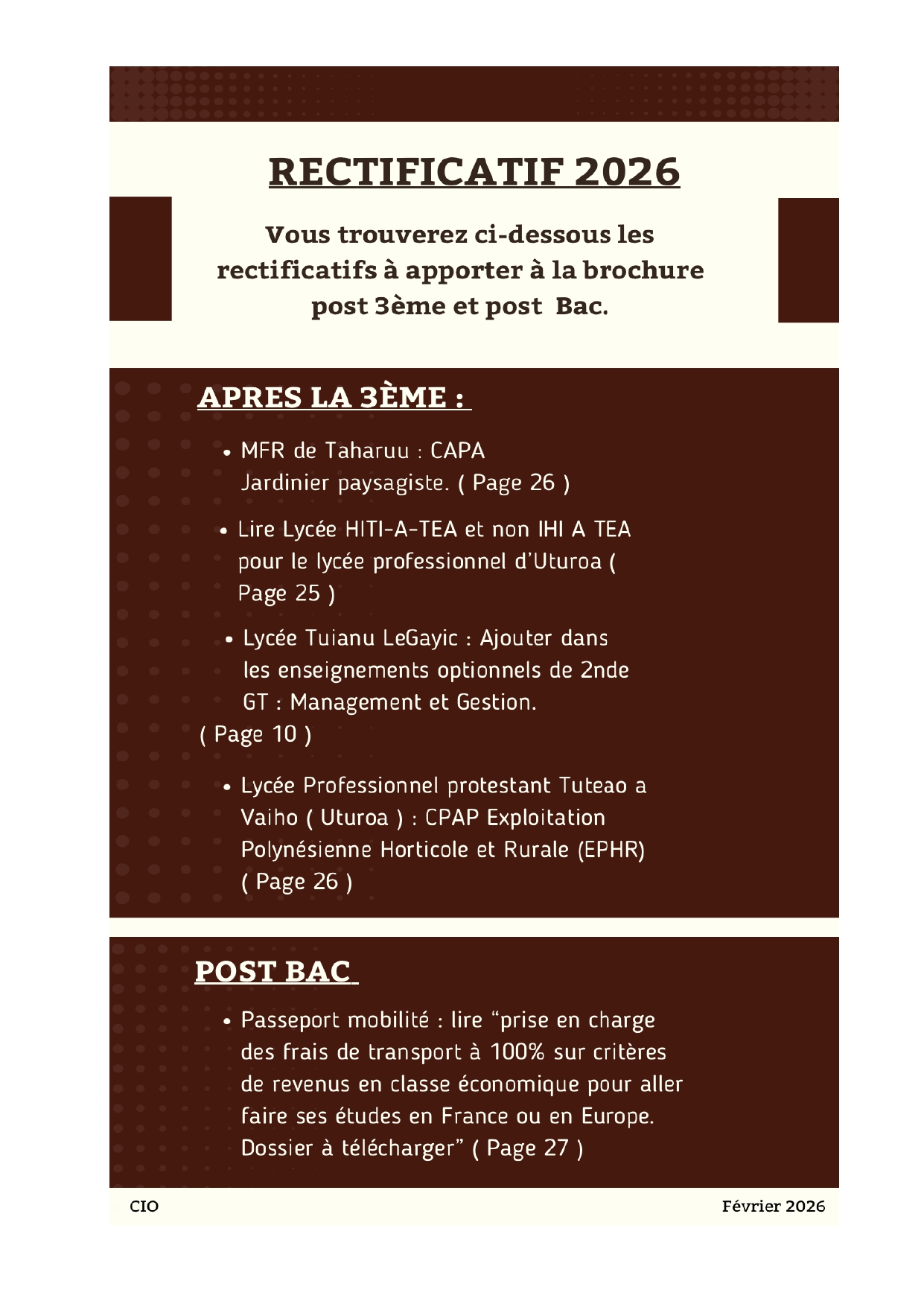 Rectificatif du Guide d&rsquo;information et d&rsquo;orientation 2026.